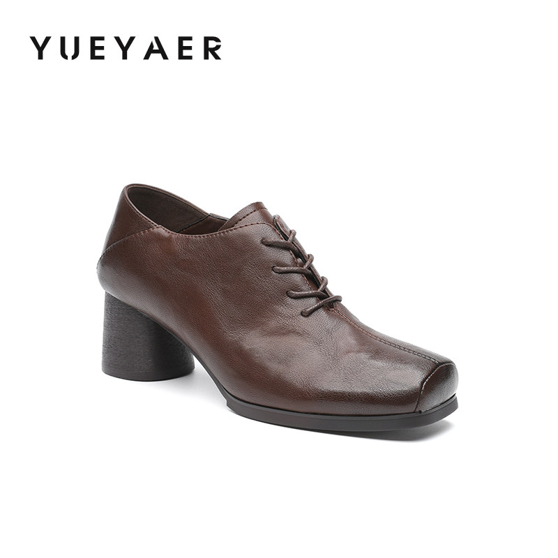 月芽儿2025新款英伦风系带高跟鞋粗跟深口单鞋职业通勤时尚小皮鞋,淘宝优惠券,粉丝福利购,淘宝优惠卷