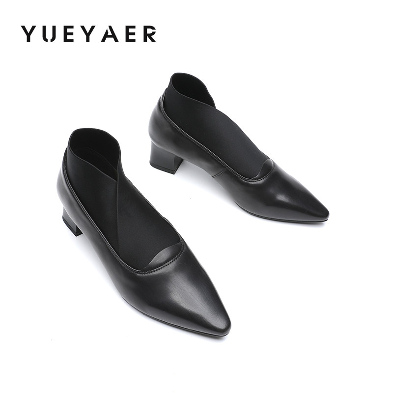 月芽儿2025新款尖头粗跟松紧深口单鞋女高跟鞋一脚蹬通勤工作鞋女,淘宝优惠券,粉丝福利购,淘宝优惠卷