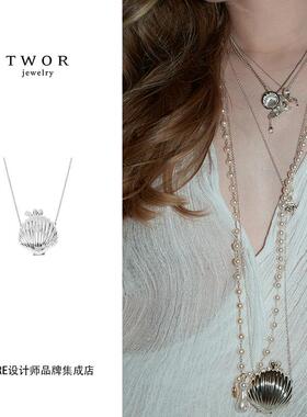 twor复古珍珠扣头贝壳小包长项链