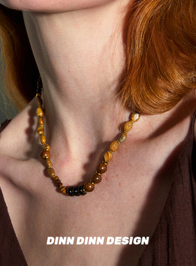 Dare买手店 DINN DINN DESIGN咖色木拼接画图石项链串珠原创小众