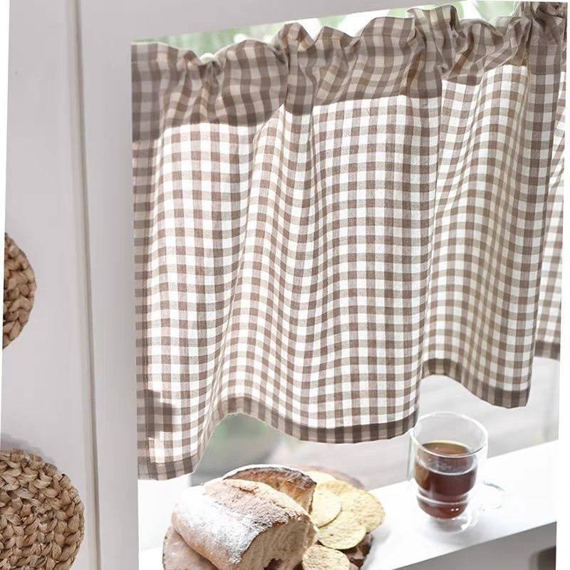 棉麻浅咖小格子半遮光飘窗阳台免打孔短帘门帘厨房半帘隔断帘成品,淘宝优惠券,粉丝福利购,淘宝优惠卷