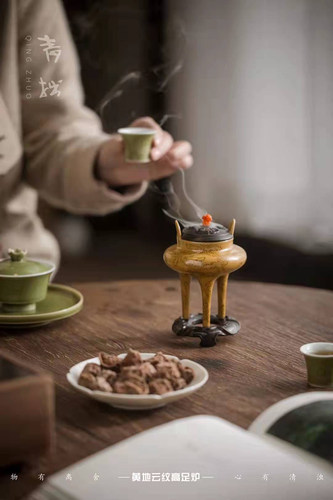 渌水山房 青拙 釉上彩绘黄地云纹明式高足炉 明代风格传统香炉 - 图0
