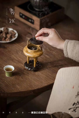 渌水山房 青拙 釉上彩绘黄地云纹明式高足炉 明代风格传统香炉 - 图2