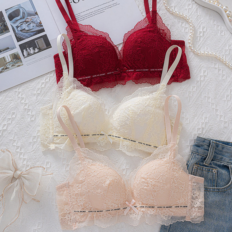 无钢圈蝴蝶结小胸聚拢内衣套装蕾丝花边透气薄款性感美背文胸套装 - 图3