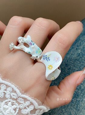 多巴胺设计感甜美清新小戒指手饰滴油小众轻奢指环小众花朵高级感