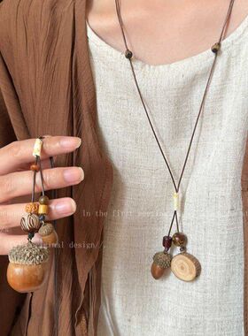 锁骨木珠蜡绳设计感抽拉式女时尚链民族风松果新中式百搭项饰项链