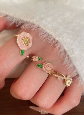 锆石气质电镀轻奢真金滴油指环手饰女戒指小众14k花朵高级感甜美