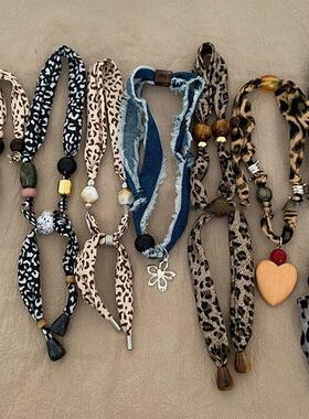 链女项饰豹纹串珠布艺项链时尚潮流锁骨小众蝴蝶结丝丝巾饰品气质
