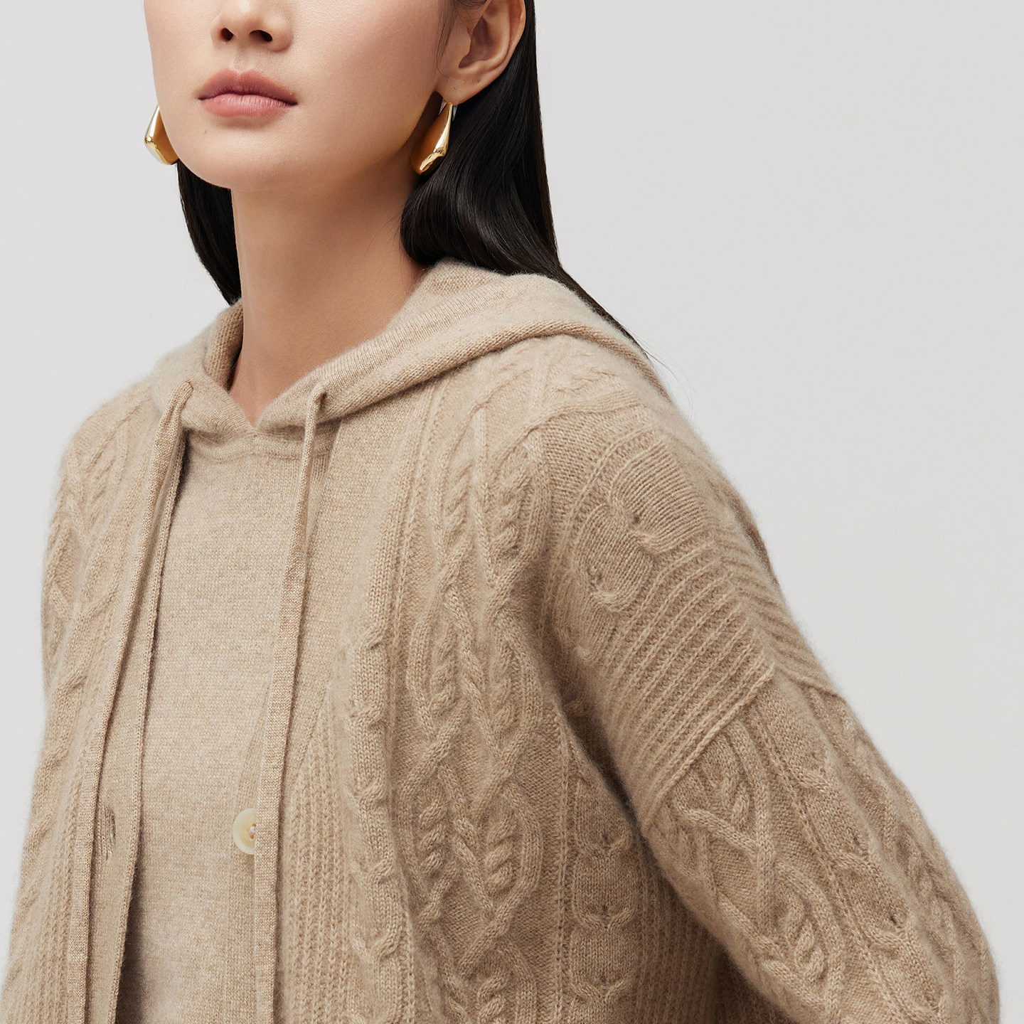 皮皮狗秋冬新款无染色V领绞花加厚中长款羊绒开衫宽松外套,淘宝优惠券,粉丝福利购,淘宝优惠卷