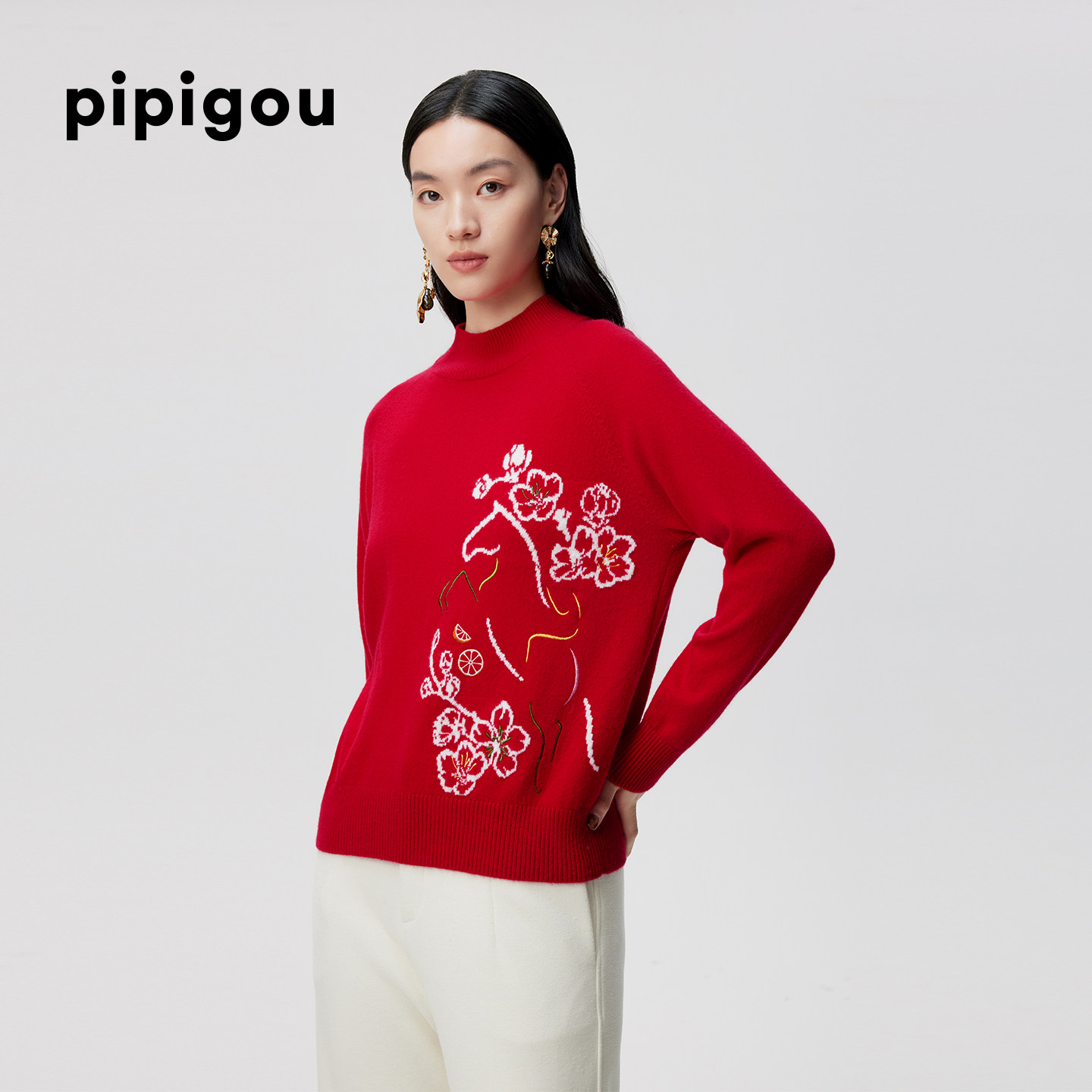 【马到成功】皮皮狗25秋冬新款女士半高领羊绒套衫新年红马年套衫,淘宝优惠券,粉丝福利购,淘宝优惠卷