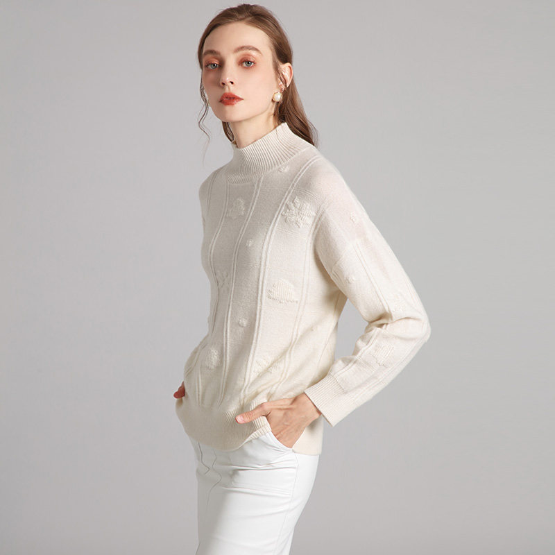 皮皮狗秋冬新款半高领立体圈圈针女士套头白无染色羊绒衫,淘宝优惠券,粉丝福利购,淘宝优惠卷