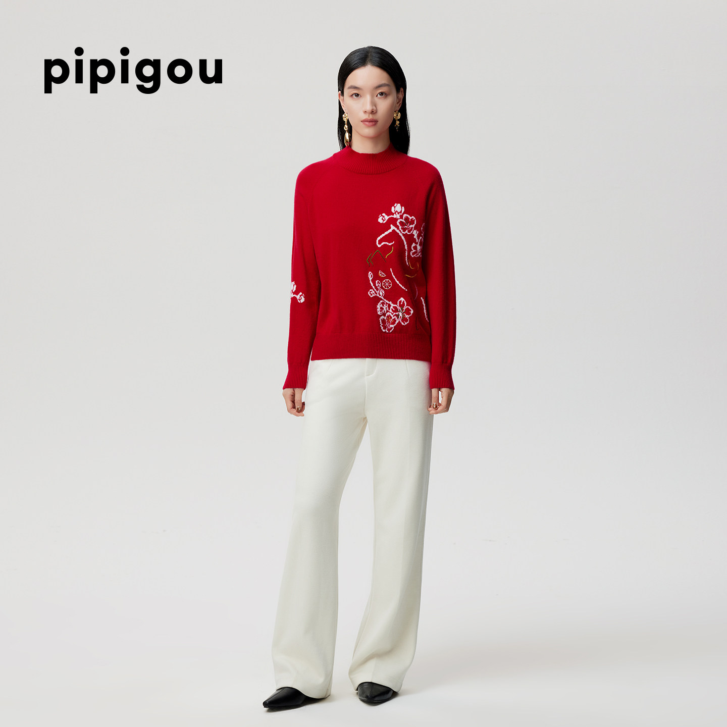 【马到成功】皮皮狗25秋冬新款女士半高领羊绒套衫新年红马年套衫,淘宝优惠券,粉丝福利购,淘宝优惠卷