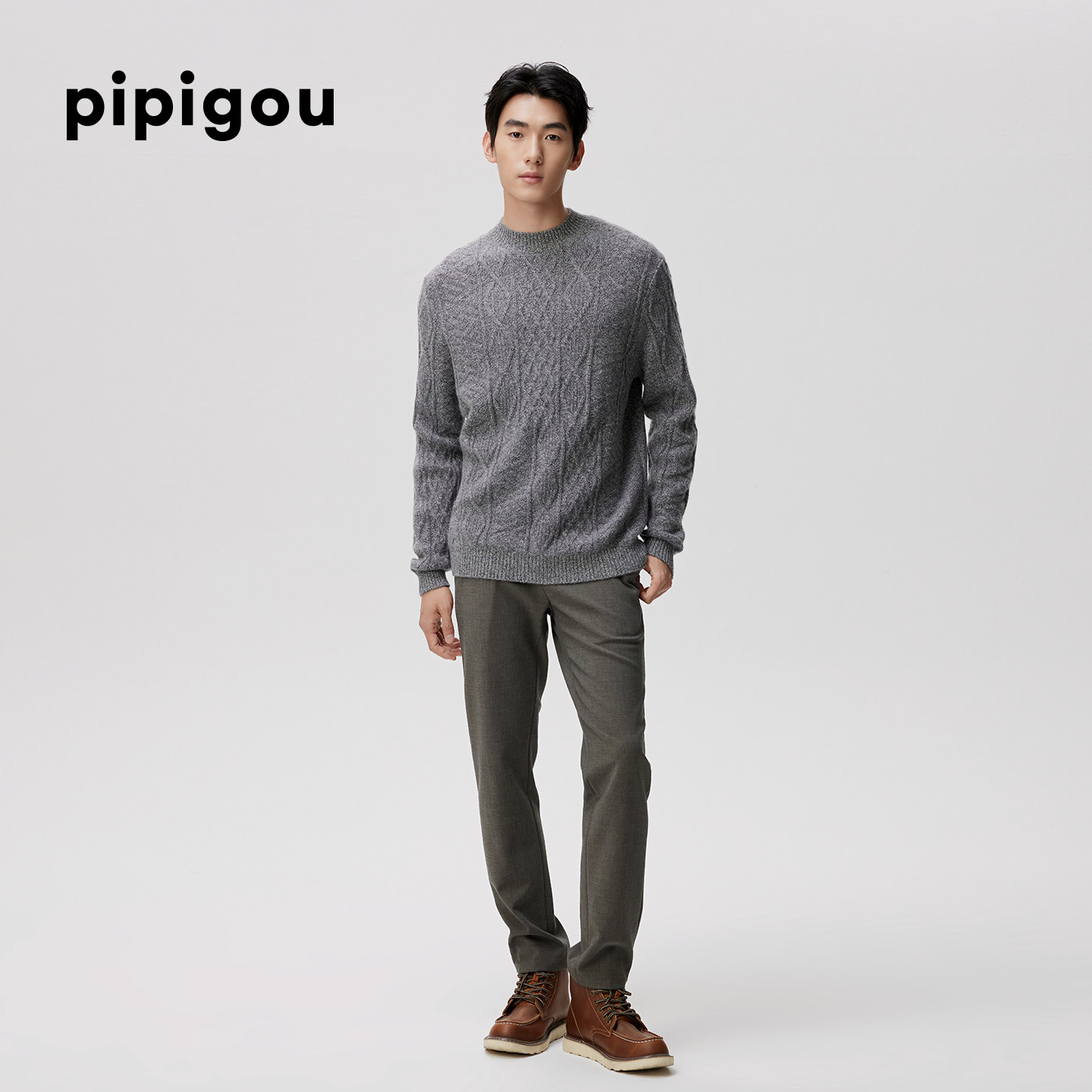 皮皮狗25秋冬新款男士半高领加厚绞花羊绒衫双股纱套头针织毛衣,淘宝优惠券,粉丝福利购,淘宝优惠卷