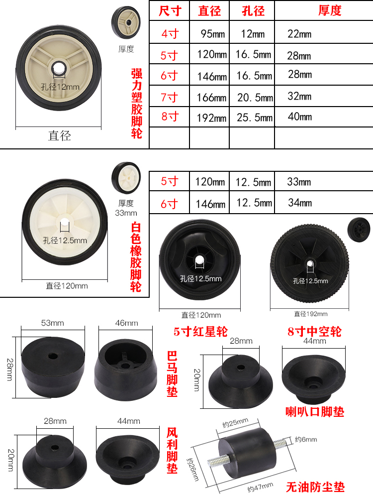 奥突斯无油静音空压机轮子轱辘5寸6寸气泵脚轮橡胶轮脚垫配件大全