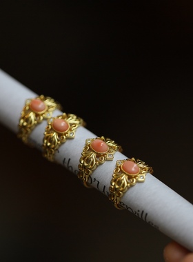 宫廷风古法花丝凤羽戒指女新中式潮黄金食指戒法式百搭红宝石指环