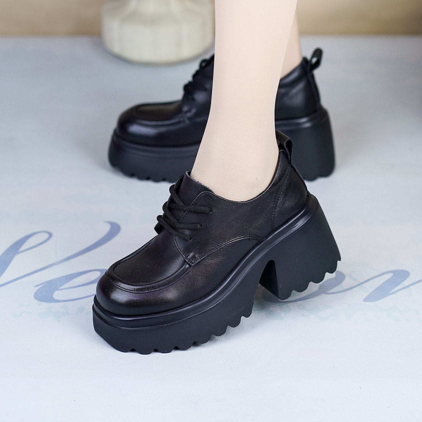 2026春秋新款头层牛皮女单绒鞋高跟厚底系带皮鞋英伦风舒适乐福鞋,淘宝优惠券,粉丝福利购,淘宝优惠卷