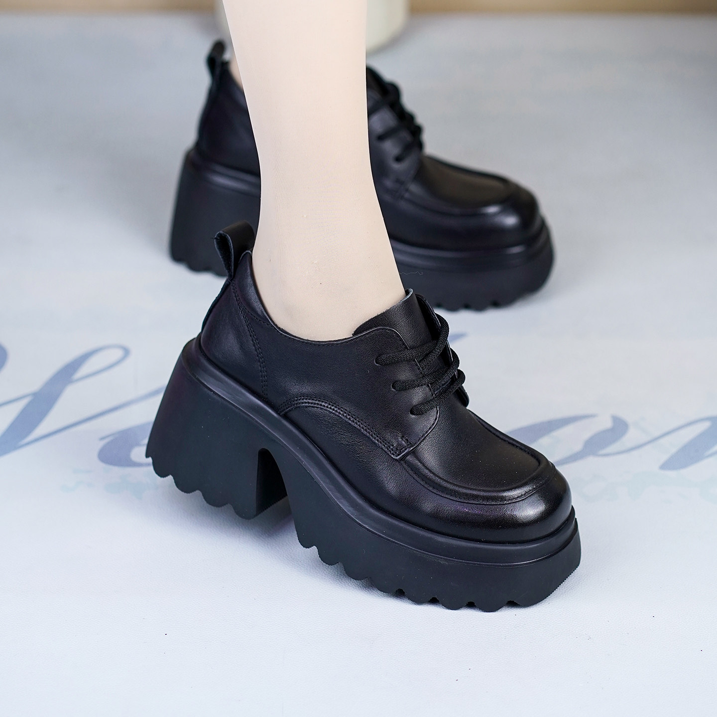 2026春秋新款头层牛皮女单绒鞋高跟厚底系带皮鞋英伦风舒适乐福鞋,淘宝优惠券,粉丝福利购,淘宝优惠卷