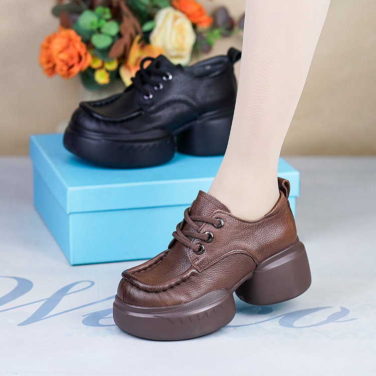 春秋新款厚底粗跟女士深口单鞋棕色牛皮真皮复古女鞋手工宽头皮鞋,淘宝优惠券,粉丝福利购,淘宝优惠卷