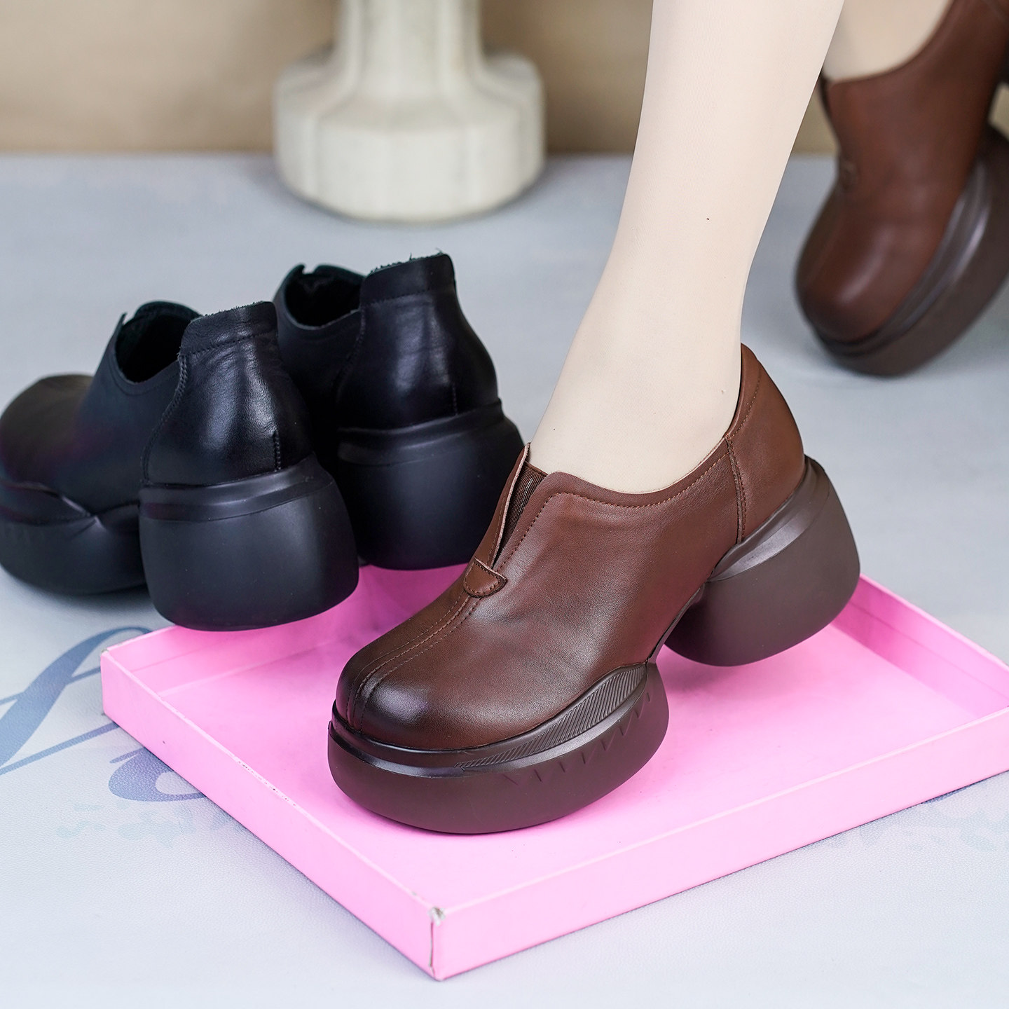 春秋新款厚底松糕增高深口单鞋女牛皮圆头妈妈款皮鞋真皮复古女鞋,淘宝优惠券,粉丝福利购,淘宝优惠卷