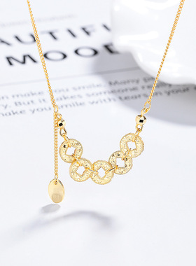 S925纯银2026年新款中式五福五帝币碎冰冰钱币项链锁骨链小红书款