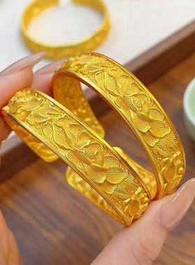 宽版牡丹花沙金手镯仿真黄金实心轮胎复古花朵新中式国风复古镯子
