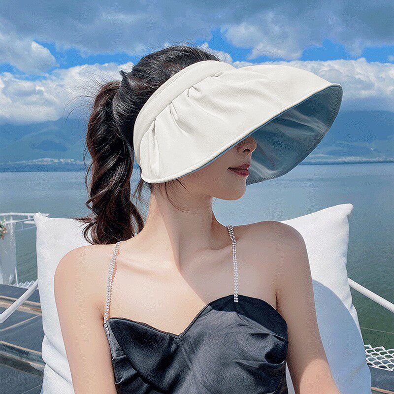 夏季沙滩双面贝壳防晒帽女防紫外发箍遮脸遮阳帽骑车空顶太阳帽子