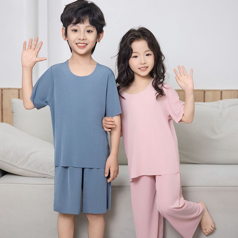 夏季新款中大童短袖宽松无痕冰丝家居服儿童两件套女童睡衣套装