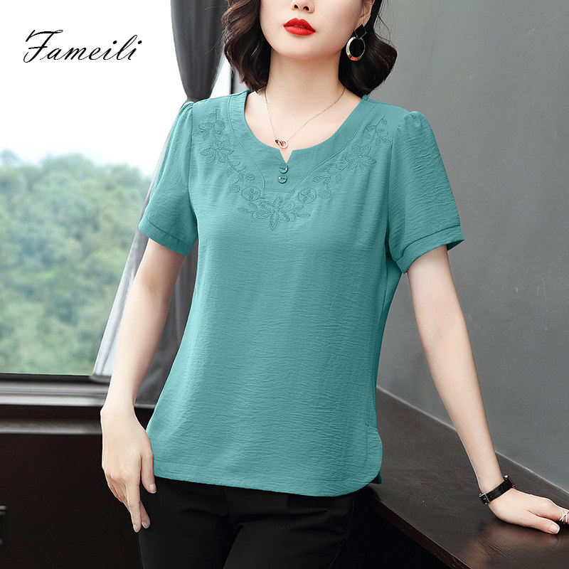 雪纺衫女短袖立体刺绣2022新款t恤 法美丽蕾丝衫/雪纺衫
