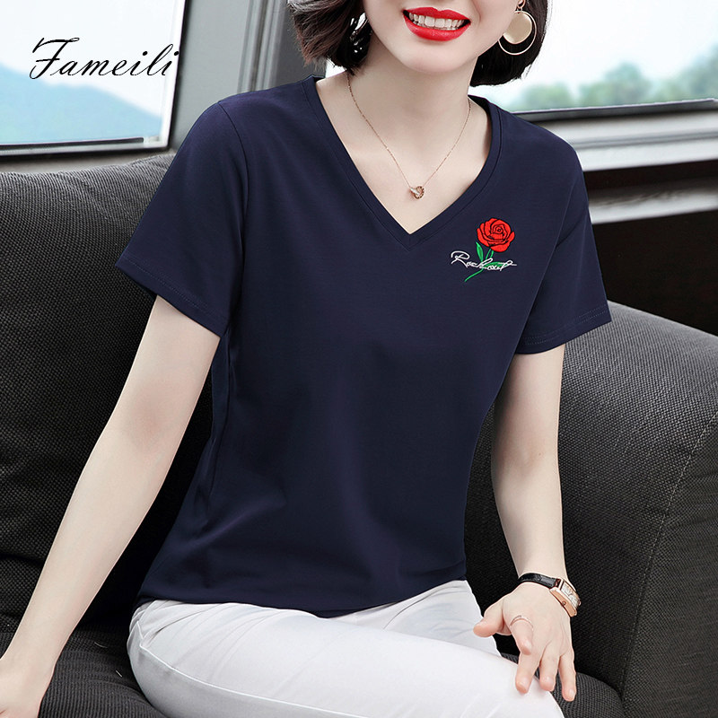 v领短袖2020宽松t恤女上衣 法美丽T恤