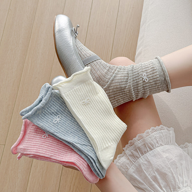 Spring and summer thin solid color versatile rolled hem mid-calf women's socks