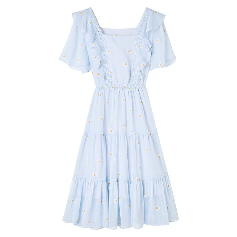 碎花雪纺2020夏季新款方领显瘦气质 百达依莉连衣裙