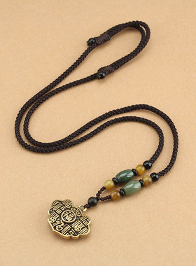 新中式国风福字平安锁项链女款长款编织绳吊坠民族风毛衣链配饰品