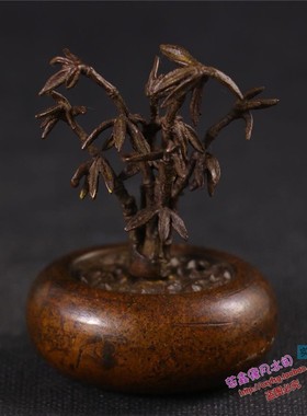 手工紫铜茶宠小物件四君子盆栽