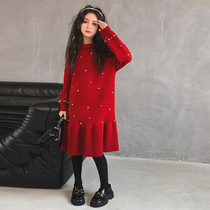 Girls dress Dress Autumn Winter 2023 New Red Girl Great Boy Children Princess Beiyr Skirt Knitted Sweater Dress