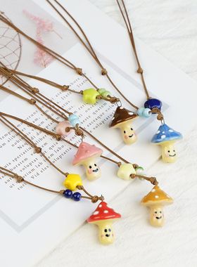 景德镇多巴胺彩色秋冬项链配饰女陶瓷蘑菇长款编织卫衣毛衣链跨境