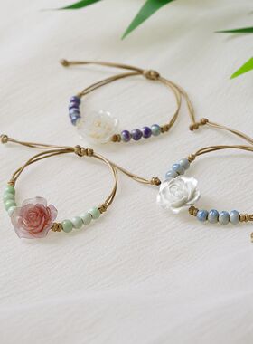 新中式山茶花编织手链女原创设计小众复古手饰民族风陶瓷手绳饰品