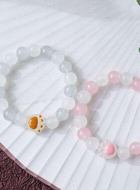 韩版卡通猫爪猫咪森系串珠手链女士粉色水晶手饰女文玩手持水手串