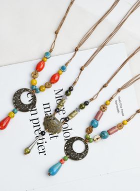 秋冬新款景德镇陶瓷可调节长款项链毛衣链古风百搭配饰气质甜美