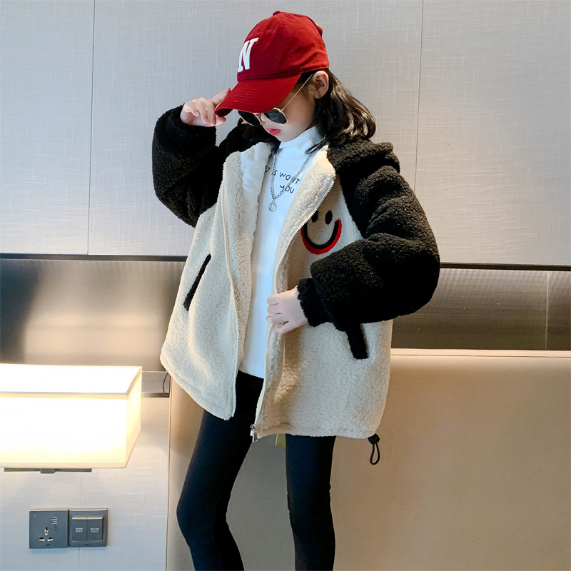 韩国女童冬装中大童夹棉加厚笑脸毛毛衣女孩休闲网红时髦炸街外套
