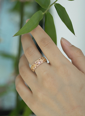 唐草纹足银9999描金镂空祥云戒指