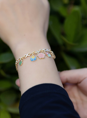 满载 足银999复古珐琅桃花招财猫吉言花朵手链新中式百搭纯银实心