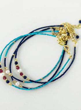 湖澜 复古人工绿松石青金石珍珠手链手串新中式国风混搭细款礼物