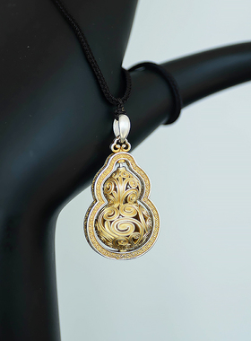 足银绳调节男女描金唐草纹项链坠