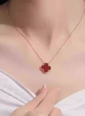 明星同款四叶草项链女18K玫瑰金双面幸运草吊坠白贝母锁骨链