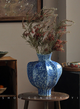 景德镇锤纹陶瓷花瓶新中式客厅玄关插花装饰品复古花器粗陶罐