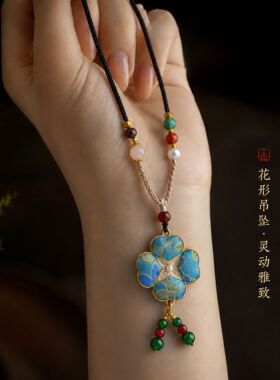 新中式宋锦饰品四叶草长款毛衣链