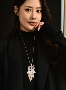 日系高档项链女长款毛衣链猫眼石猫头鹰吊坠个性时装配饰挂件批发