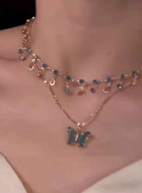 「蓝蝶之恋」蓝色蝴蝶项链女款2025新款爆款双层叠戴锁骨链女配饰
