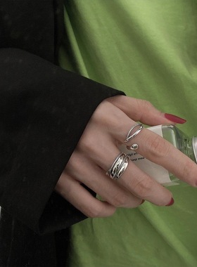 s925纯银多层缠绕麻花线条复古朋克食戒指女士小众设计轻奢指环