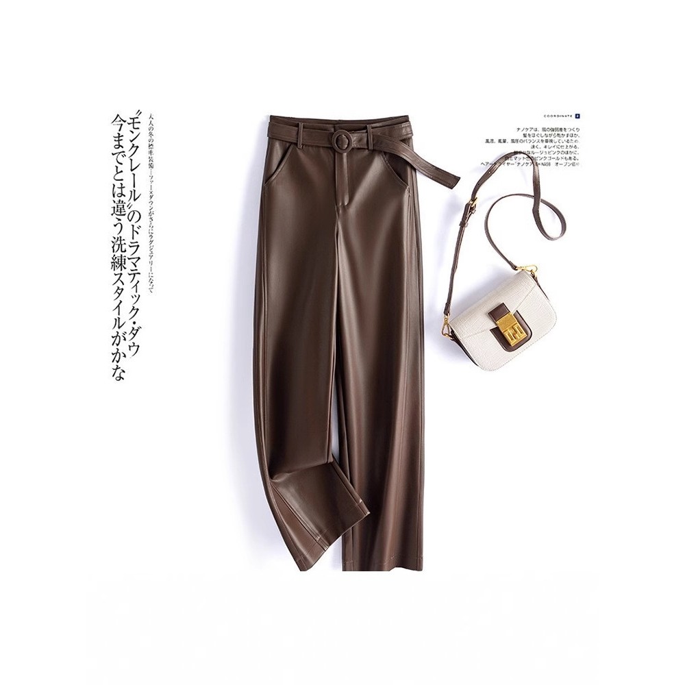 2025春新款海宁真皮皮裤女高腰直筒长裤宽松显瘦窄版阔腿裤休闲裤,淘宝优惠券,粉丝福利购,淘宝优惠卷